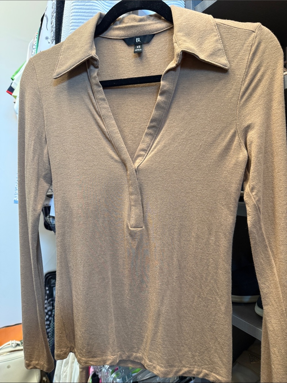 Banana Republic tan Long-Sleeve Polo V-Neck Top